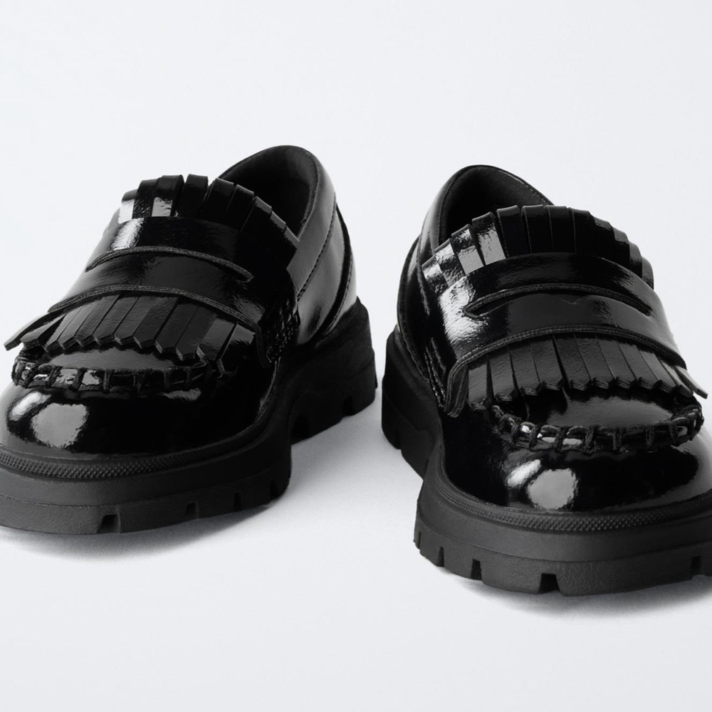 Zara Black Patent Leather Loafers with Fringe
